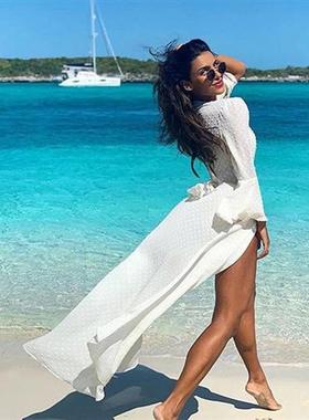 2021 Summer Dot print White Beach Cover up dress Tunic Long