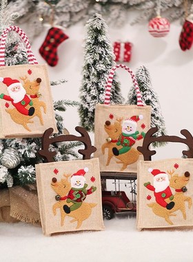 Cute Merry Christmas Gift Bag Linen Embroidered Old Man Snow