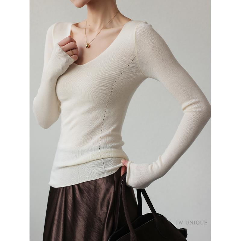 JWUNIQUE米白色V领长袖羊毛针织衫女2025秋季新款内搭打底衫上衣