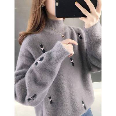 水貂绒毛衣女秋冬新款绣花针织打底衫长袖时尚女装半高领上衣加厚