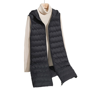 优品25年秋冬轻薄羽绒马甲女连帽中长款修身保暖90白鸭绒背心坎肩