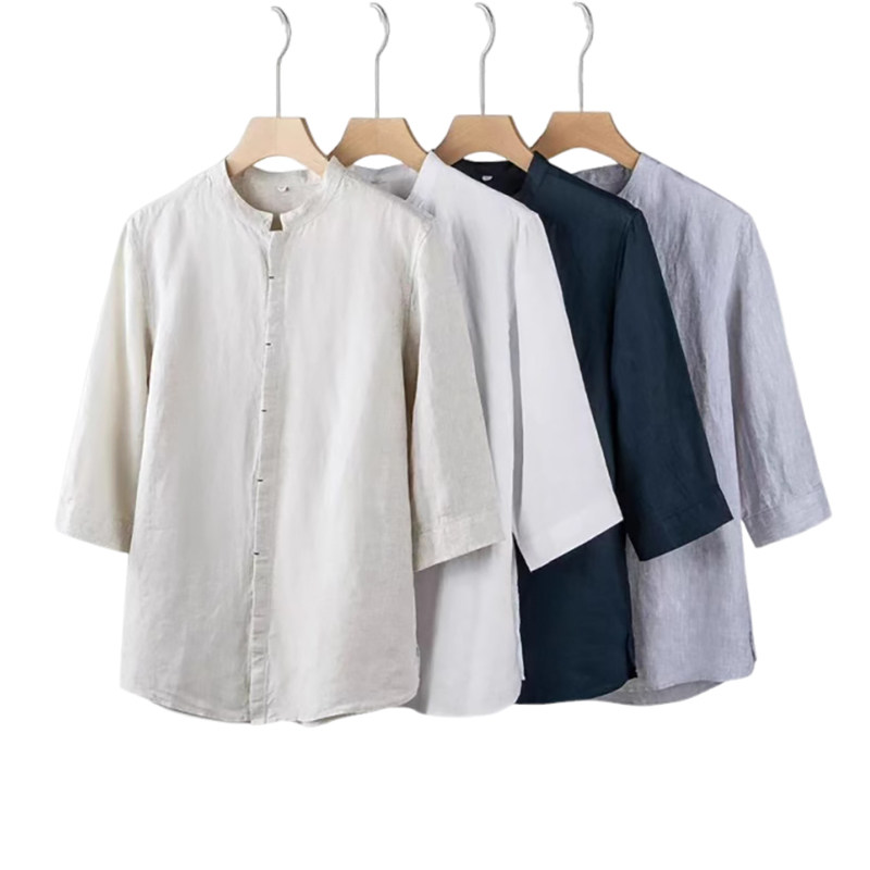 日系无印风立领五分袖亚麻衬衫男2025夏季薄款中袖衬衣棉麻料衬衫