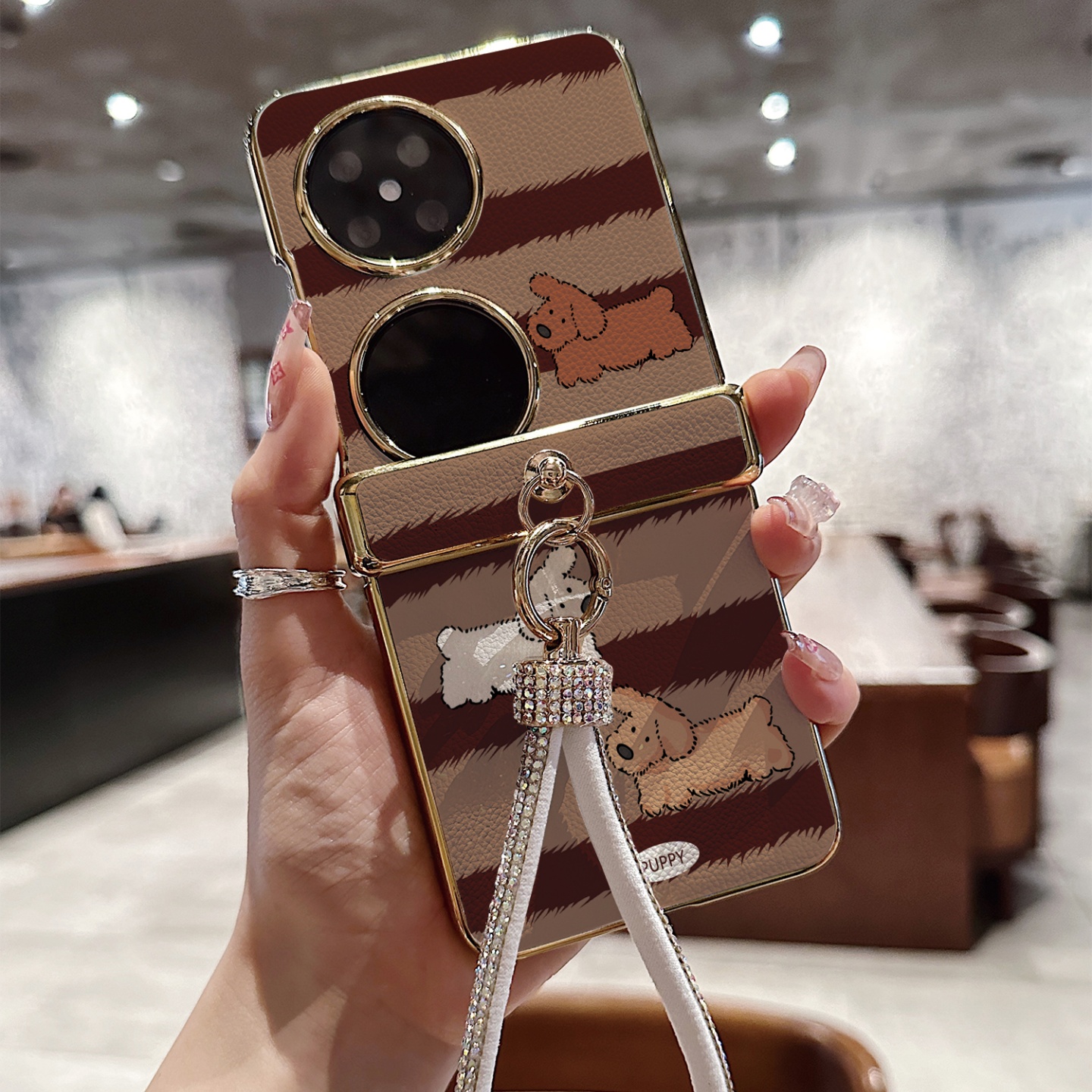 棕色条纹小狗皮纹折叠屏手机壳