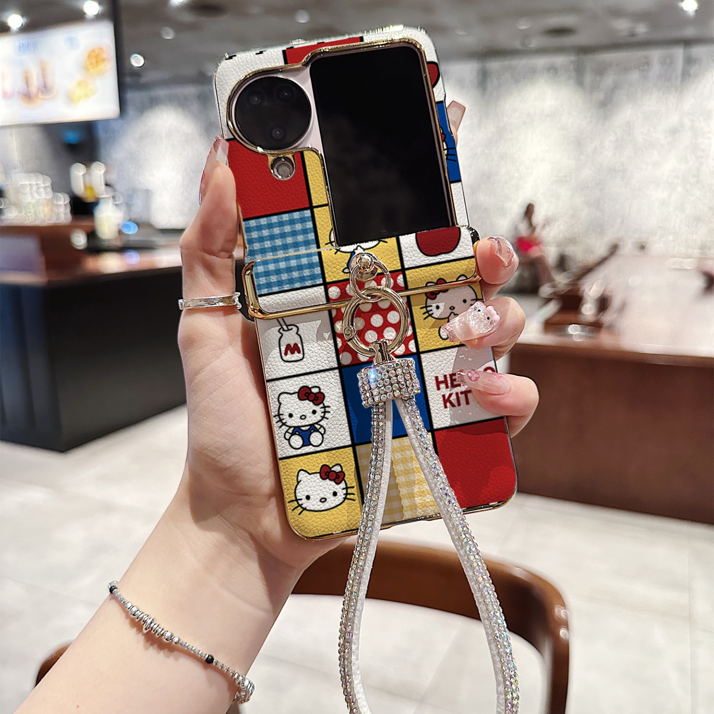 格子KT猫拼接皮纹折叠屏手机壳