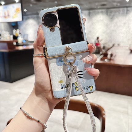 可爱半脸KT猫适用oppofindN3flip手机壳华为pocket2折叠屏三段挂绳vivoxflip皮zflip7荣耀Vflip2小米mixflip2