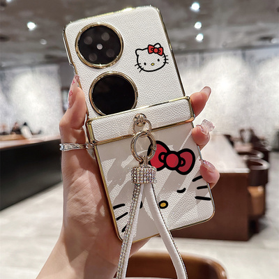 蝴蝶结KT猫荔枝纹折叠屏手机壳