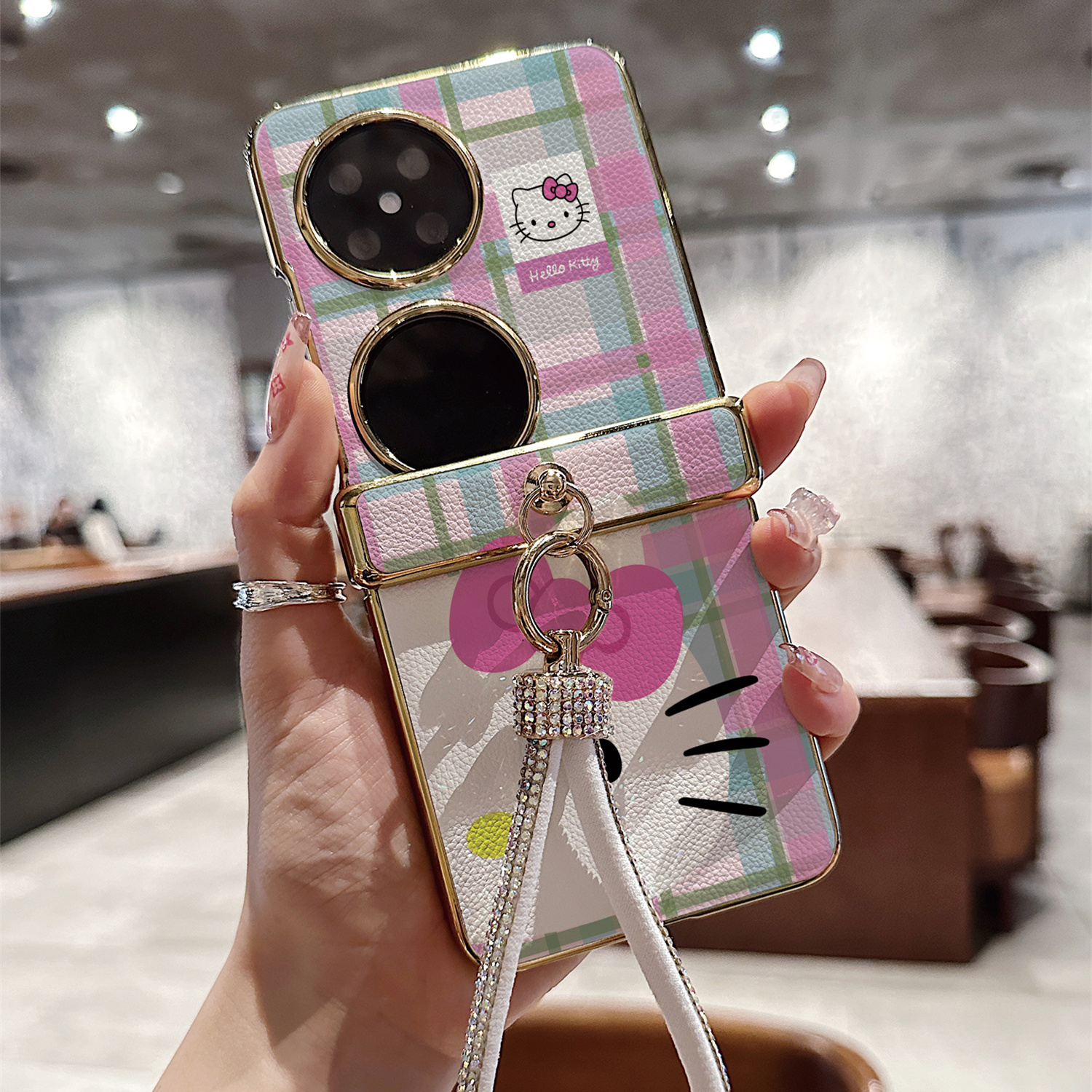 粉绿格KT猫皮纹折叠屏手机壳