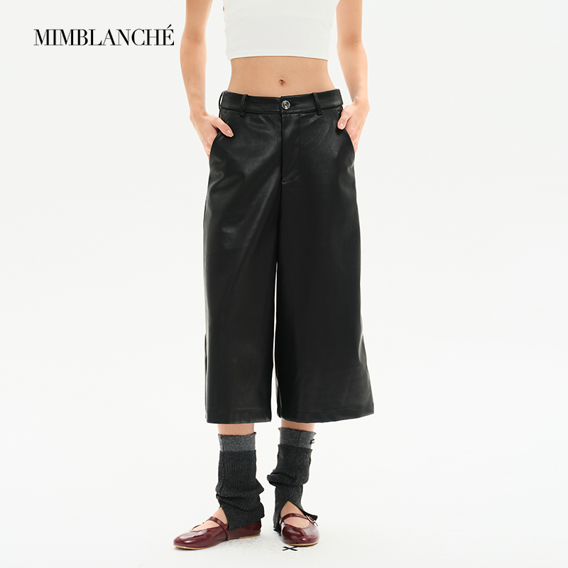 MIMBLANCHE26SS新品复古高级宽松直筒阔腿7分皮裤女