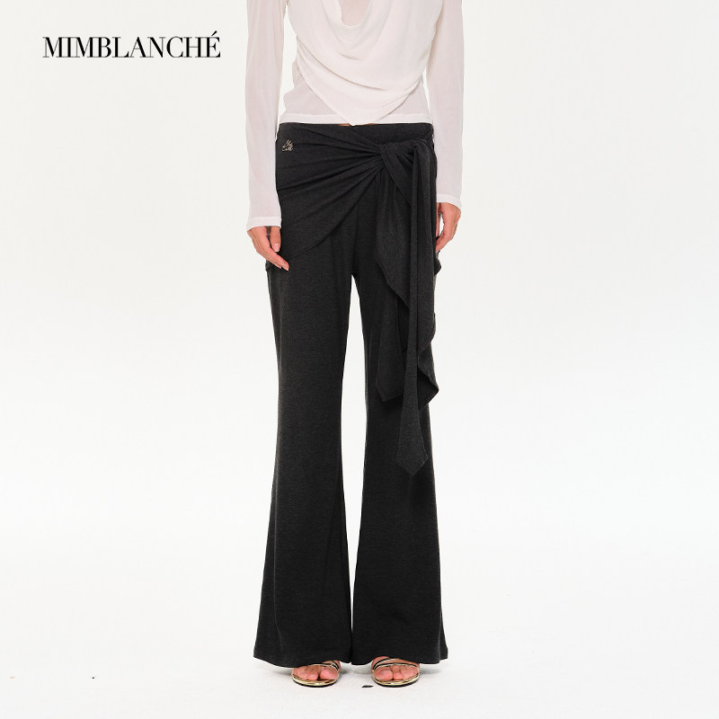 MIMBLANCHE松紧腰假两件绑带屁帘喇叭裤女
