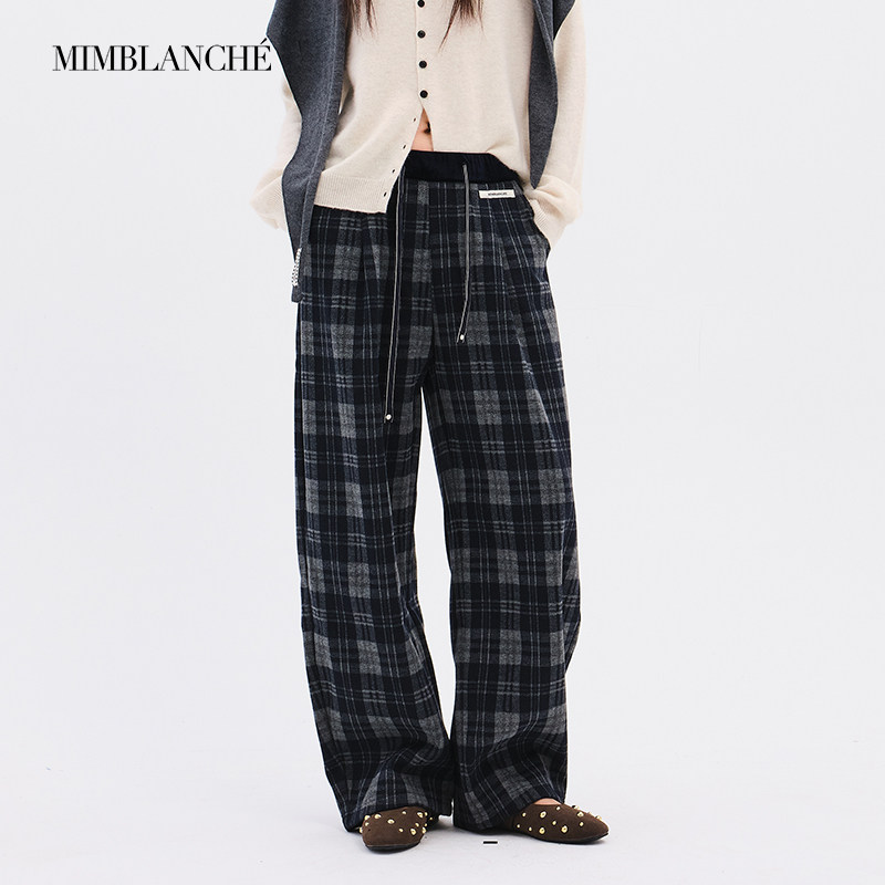 MIMBLANCHE秋冬加绒松紧腰大方格抽绳格子裤弯刀休闲裤女
