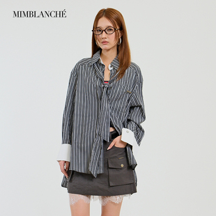 MIMBLANCHE25新品 女休闲通勤 领带条纹翻领棉质宽松撞色袖 口衬衫