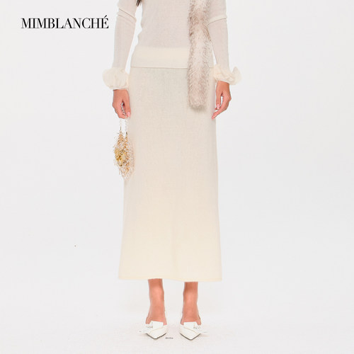 MIMBLANCHE新品松紧腰山羊绒针织A字中长半裙女