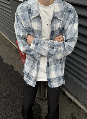 ASCA 复古斑驳蓝格纹拉链衬衫  定制法兰绒晕染破坏Cleanfit外套