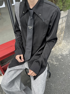 ASCA 立体尖领 复古金属铆钉 立体剪裁垂感反光面料 优雅老钱衬衫