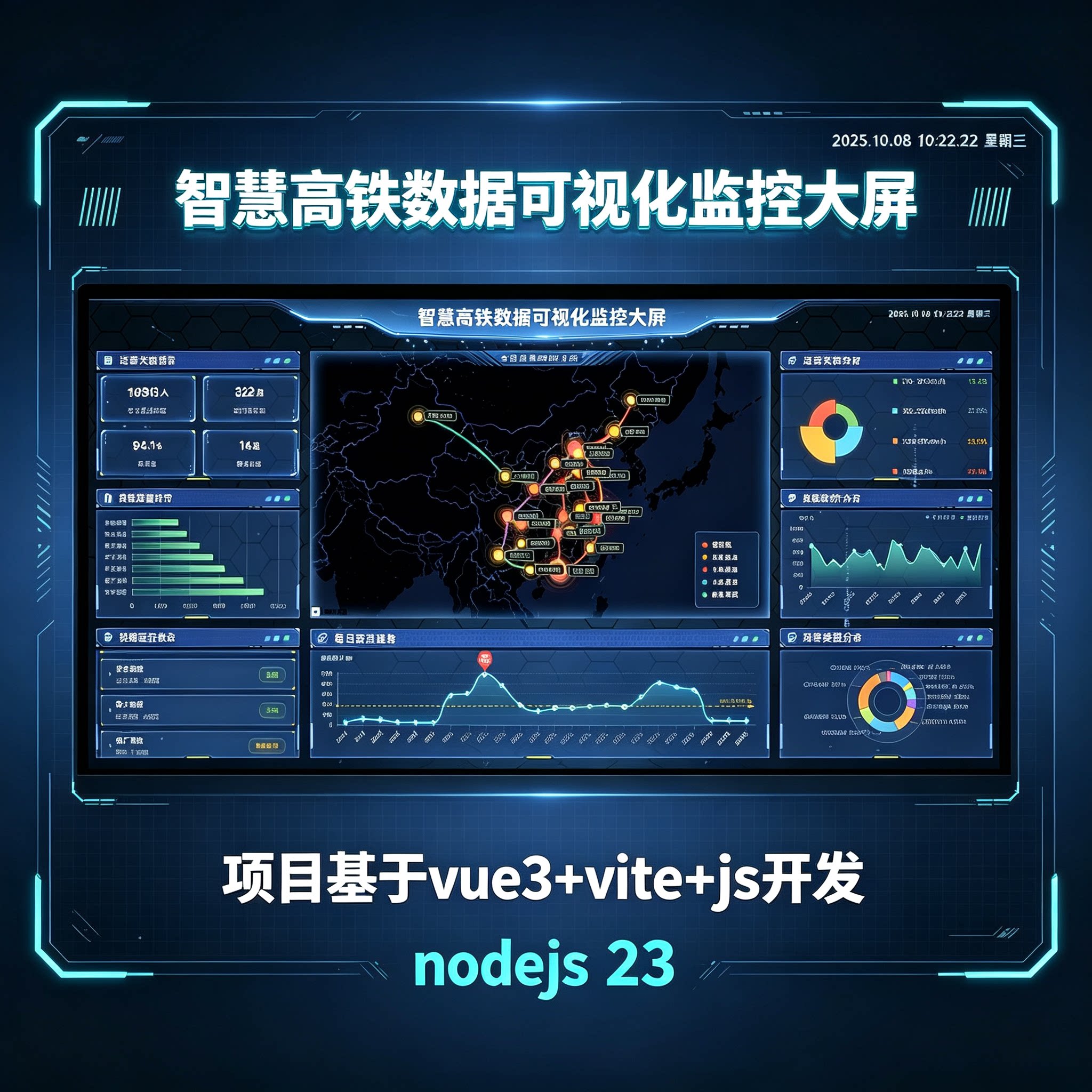 vue3智慧高铁数据可视化监控大屏前端源码vue3+vite+js开发