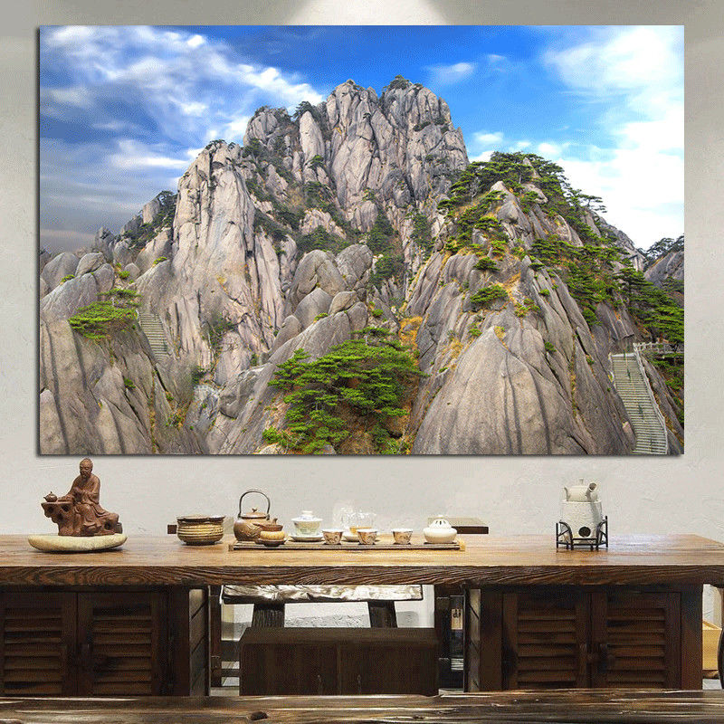 现货速发招财有山无水靠山图客厅背景装饰贴画北岳恒山挂画办公室