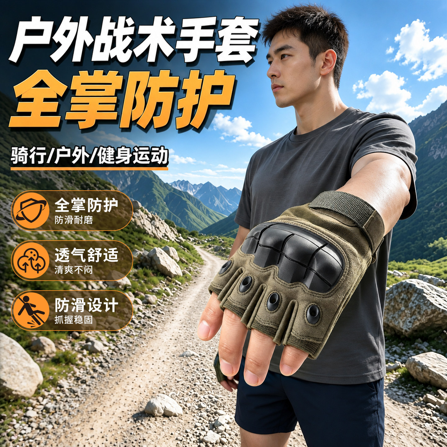 战术手套男款运动健身耐磨防割半指手套户外骑行登山防滑训练手套