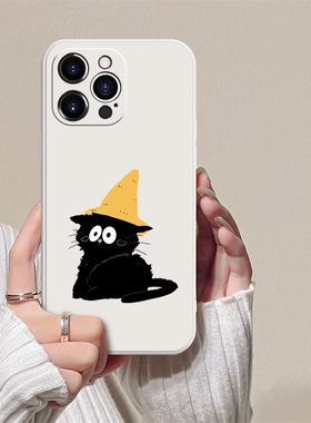 戴帽小黑猫~ins风可爱镜头全包防摔手机壳适用苹果iPhone161514vivox90华为nova10红米k60OPPOreno9小米13