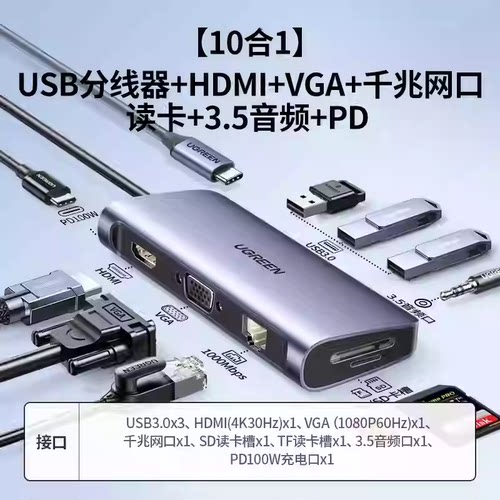 绿联CM179Type-C多功能扩展坞USB-C充PD 60557CM256 40873 80133