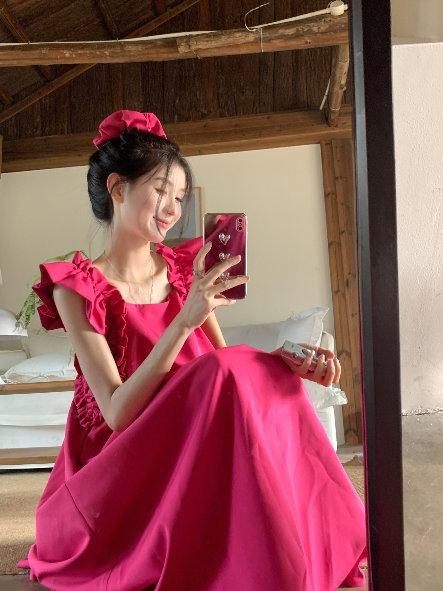 多巴胺露背穿搭减龄连衣裙女夏季新款心机木耳边方领A字中长裙子