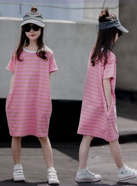 韩版女童宽松短袖长款T恤裙子夏装新款女大童洋气女孩条纹连衣裙