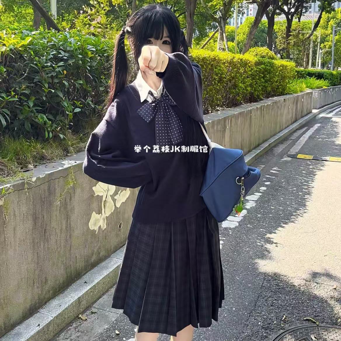 JK制服日系绀色V领套头毛衣叠穿长袖上衣女高校供感海苔长裙套装