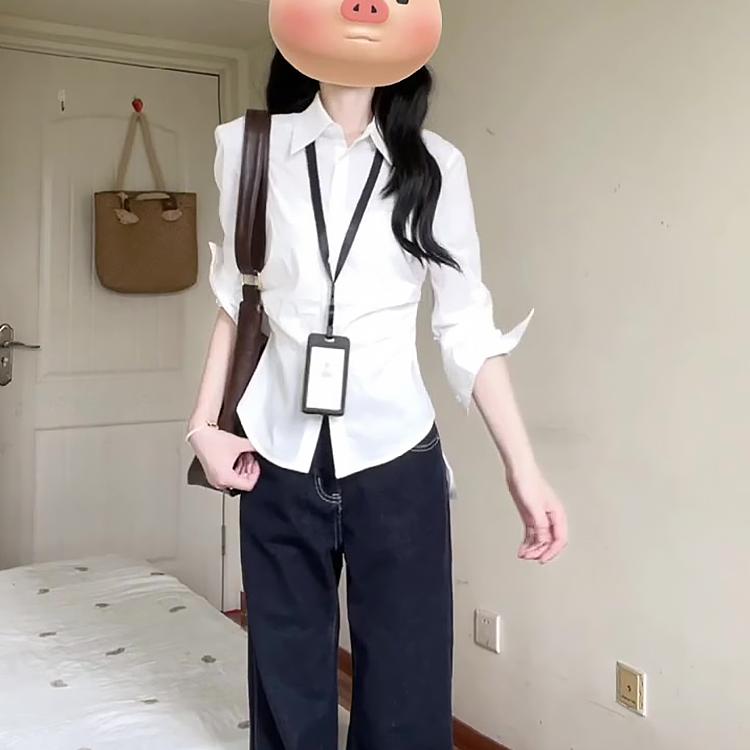 辣妹掐腰修身白色长袖衬衫女秋季法式气质收腰衬衣设计感百搭上衣