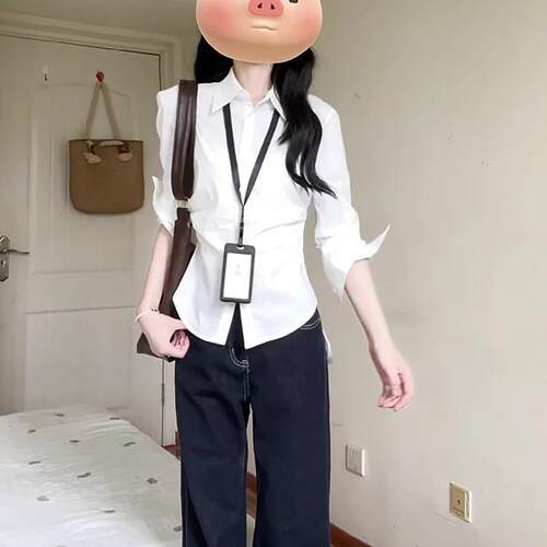 白色气质掐腰修身长袖衬衫