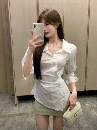 纯欲风不规则白色收腰衬衫女修身衬衣设计感小众气质显瘦上衣新款
