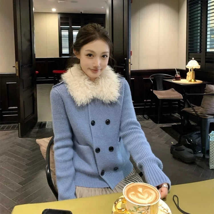 韩系毛毛领毛衣外套女秋冬季显瘦气质高级感慵懒长袖针织开衫上衣