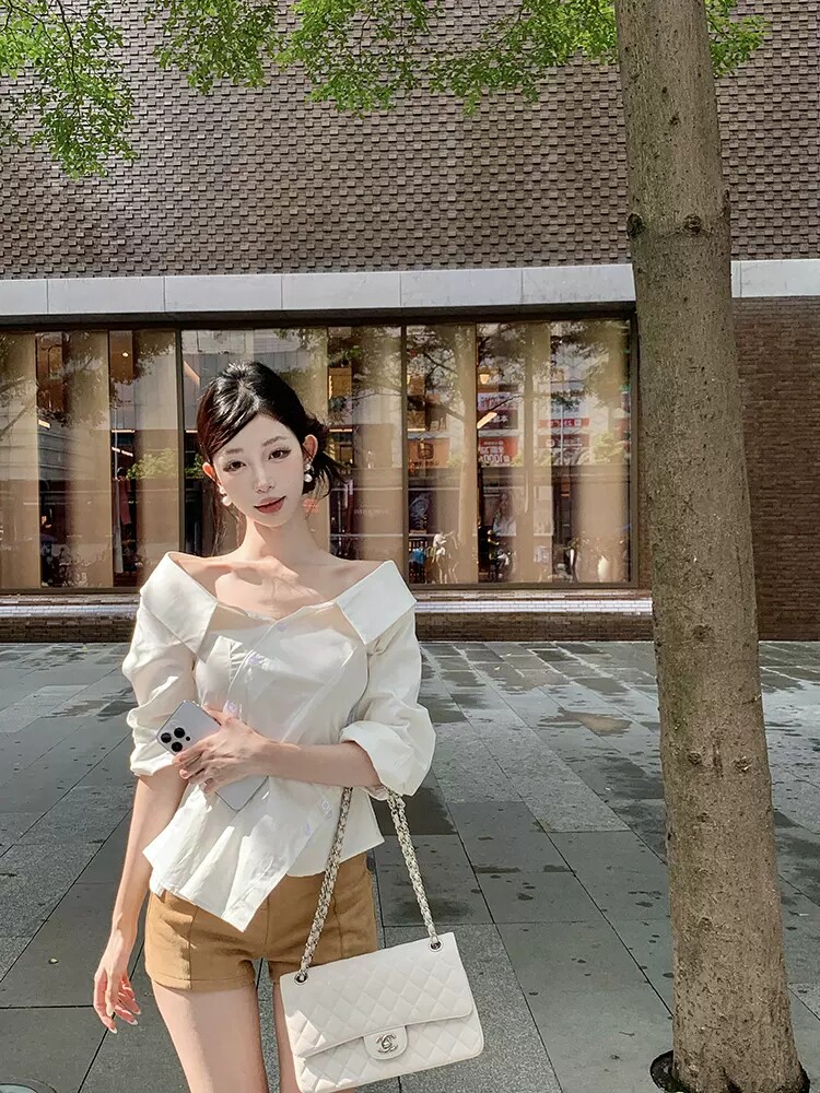 白色法式长袖防晒衬衫女夏季不规则气质衬衣设计感修身短款小上衣