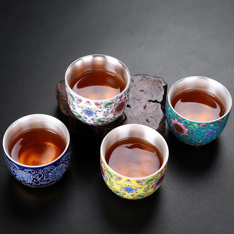 银茶杯999 纯银杯子纯手工功夫茶具陶瓷镶银鎏银品茗杯主人杯单杯