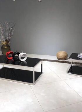 现代约不锈钢黑色化玻简长方形茶几BWY-107客厅接待钢会客大茶几