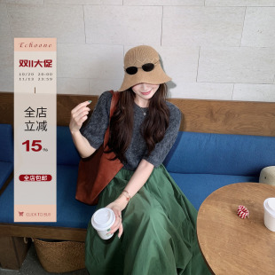 Echoone 软绒泡泡 马海毛气质灯笼袖中袖麻花上衣女百搭圆领毛衣