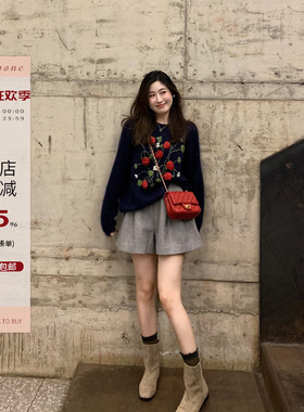 Echoone 暖冬 手工钩花马海毛毛衣时髦复古气质宽松圆领套头上衣