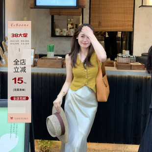 Echoone丹麦夏日 手工钩花背心女文艺复古精致优雅单排扣马甲上衣