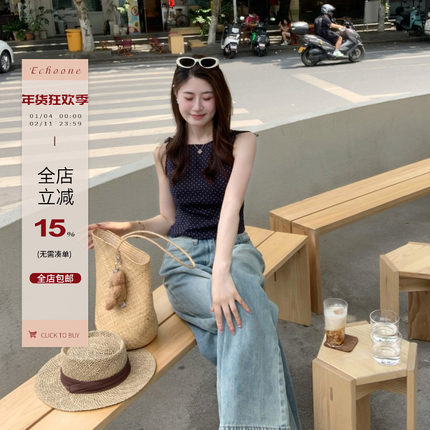 Echoone Coy girl波点蝴蝶结上衣女修身显瘦小设计感气质无袖上衣