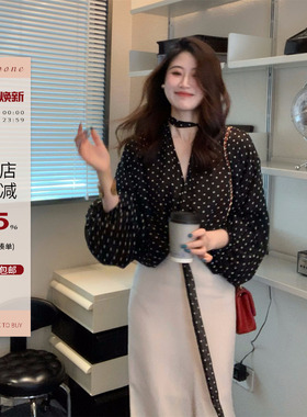 Echoone Rose wild V领波点上衣女简约时尚通勤气质飘带设计衬衫