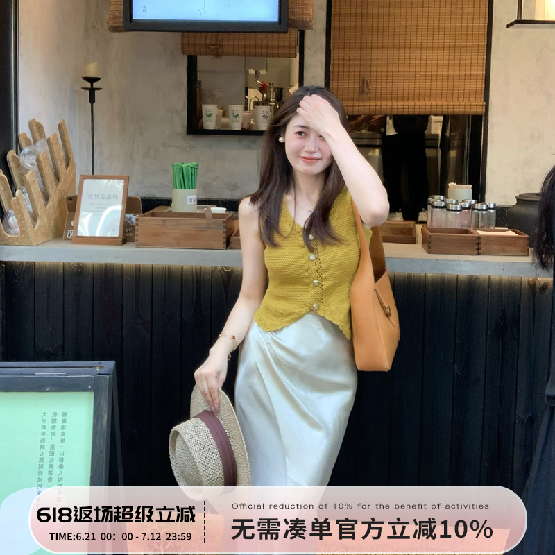 Echoone丹麦夏日 手工钩花背心女文艺复古精致优雅单排扣马甲上衣