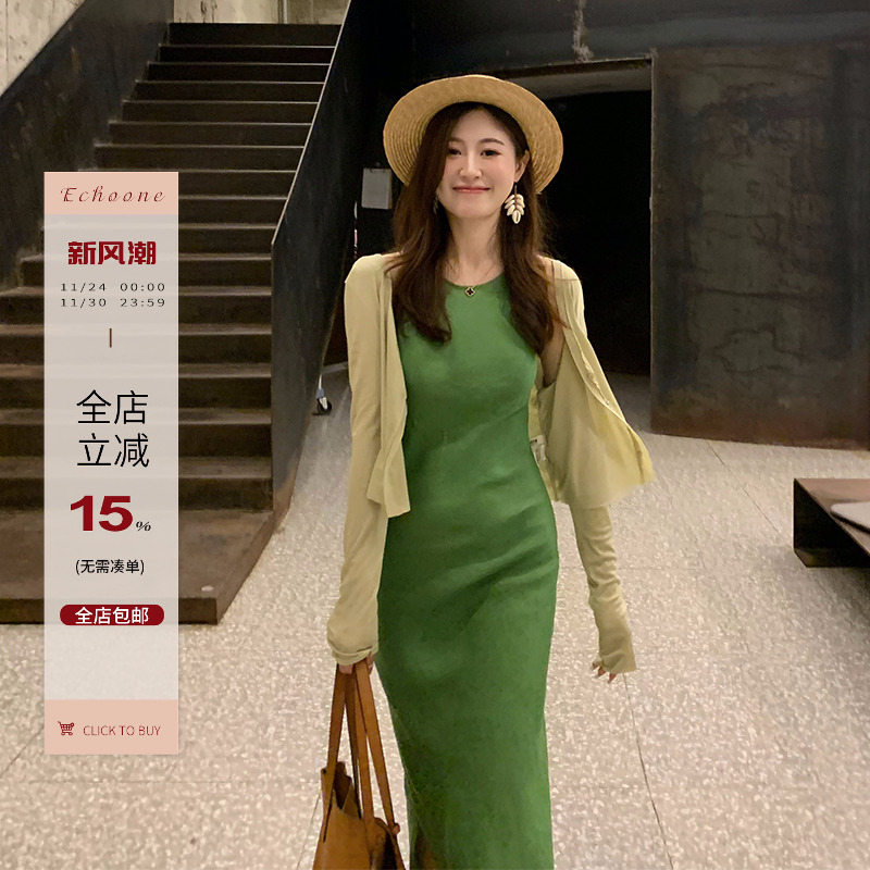 Echoone绿色连衣裙女夏季