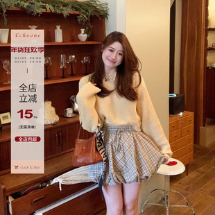 Echoone ICE SEA 进口和纸纱定染收腰套头衫针织衫上衣女短款毛衣