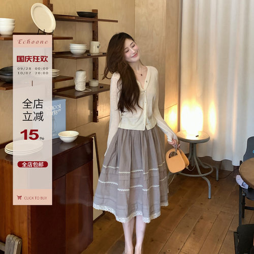 苎麻蕾丝边松紧腰半裙
