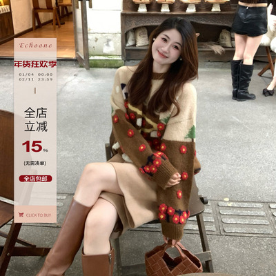 手工钩花立体花朵套头上衣