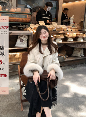 Echoone 乖俏~狐狸毛两件套大衣女秋冬极简时尚贵气马甲毛呢外套