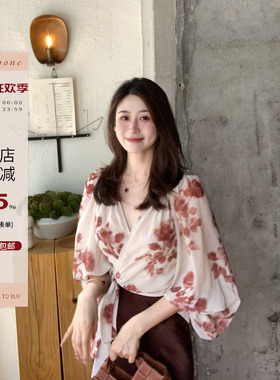 Echoone 水墨胭脂 水墨晕染绑带上衣独特别致优雅气质长袖雪纺衫