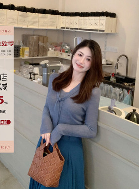 Echoone Soufflé 飘带V领针织上衣女温柔优雅气质修身显瘦长袖T