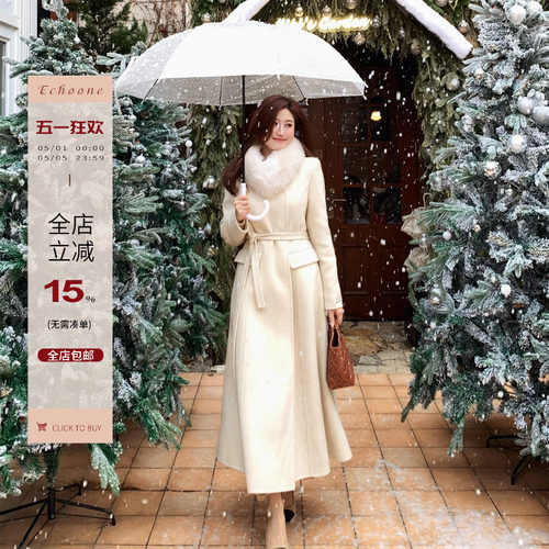 Echoone 初雪 狐狸毛领双面羊毛正肩腰带气质高级感毛呢大衣外套 - 封面