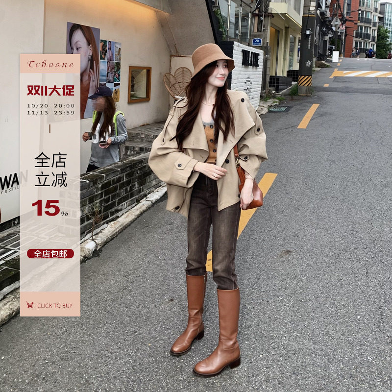 Echoone city breeze 大翻领短款风衣女韩版气质百搭秋款休闲外套