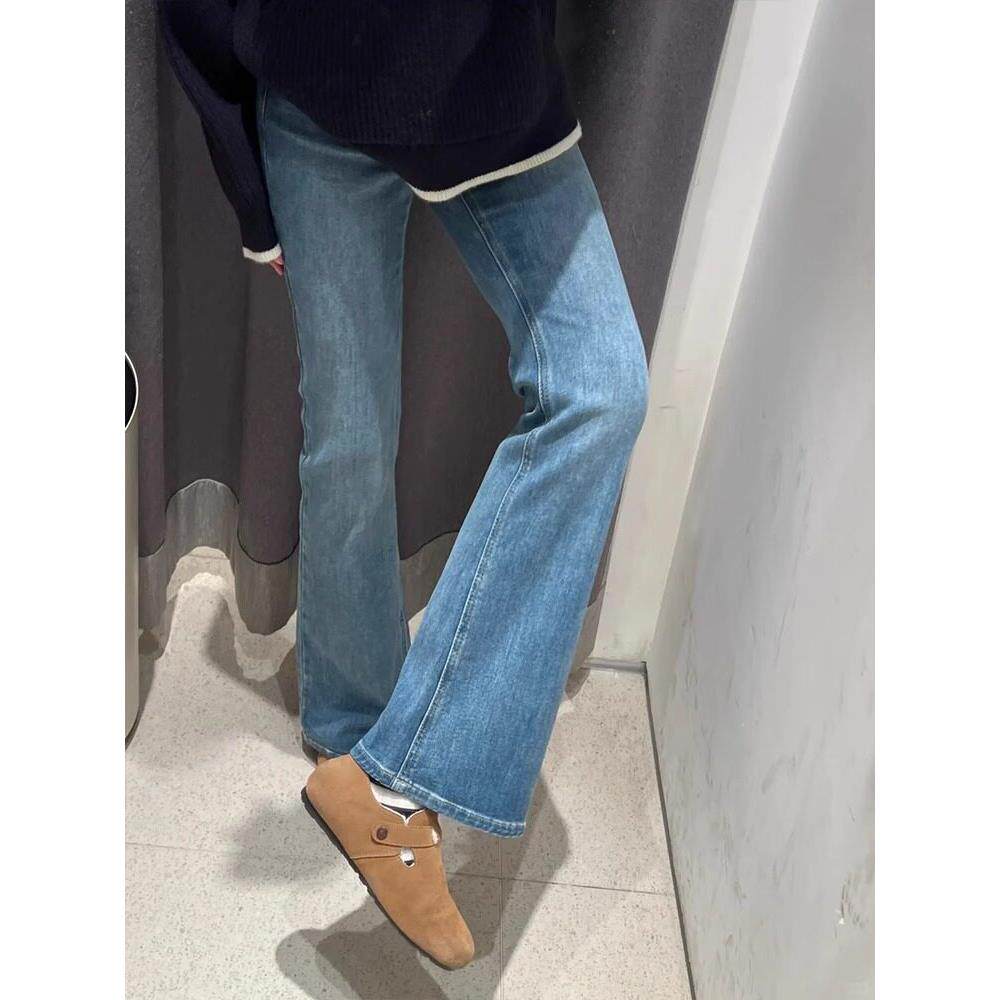 法式rouje damas美式复古微喇牛仔裤女高腰弹力窄版直筒阔腿裤秋