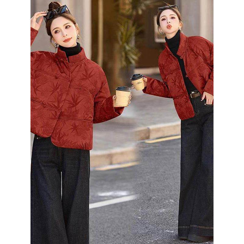 YENR 新中式国风提花羽绒服女 冬新款时尚休闲~宽松白鸭绒外套